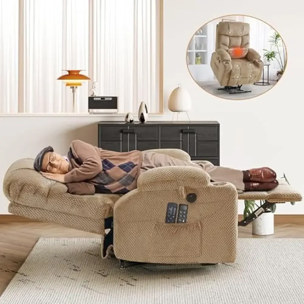 Dual Motor Lay Flat Power Lift Recliner Chair Massage Heating Infinite Position Large Chairs Big Cup Holders Side Pockets Lumbar