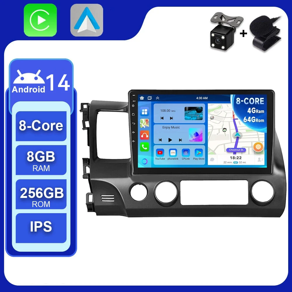 

8G+256GB Car Radio Stereo Navigation GPS Carplay Auto DSP AM/FM/RDS Multimedia Player 2 Din 4G For Honda Civic 2005 - 2012