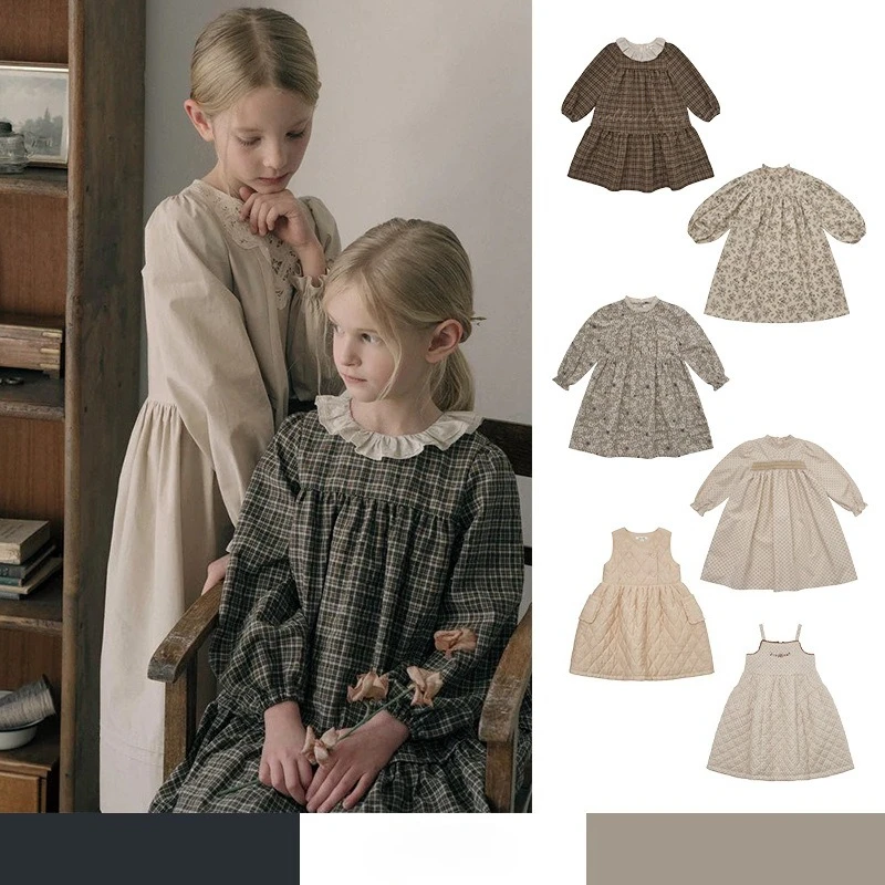 

2025 AW LOU's New Girls' Dress Cotton Printed Long-sleeved Children's Dress with Pleated Cotton Straps and A-line Dress