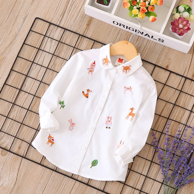 8 10 years Girl Embroidery Cartoon White Blue Blouse School Uniform Tops Spring Autumn Sweet Kids Girls Outfit