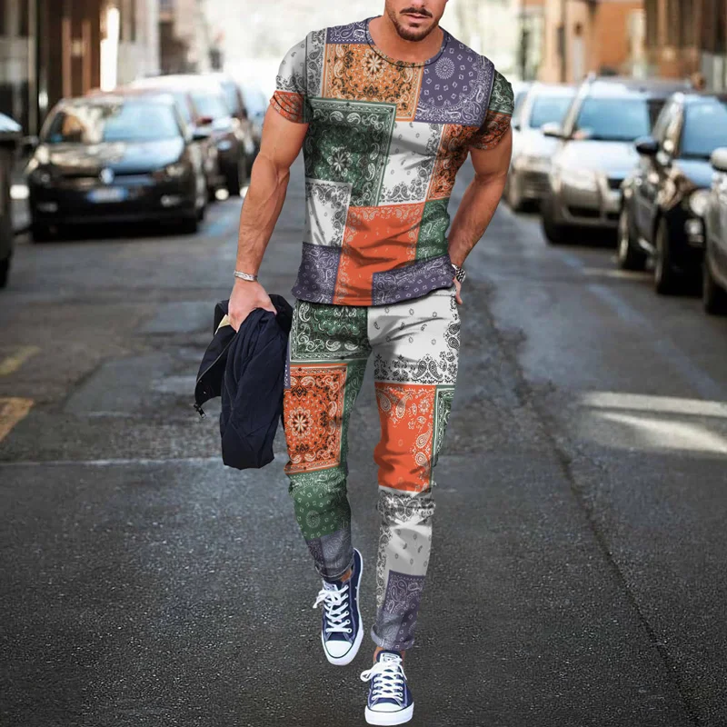 Summer Men Tracksuit joggers Vintage Pattern 3d Print T-shirt Men's luxury tracksuit Sports Short Sleeve Tshirt+pants 2 Pcs Sets