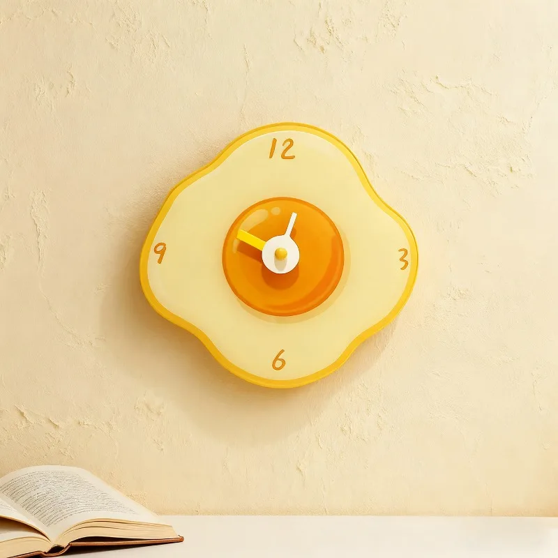 Creative Cartoon Fried Egg Wall Clock, Silent Acrylic Hanging Clock for Living Room Kitchen Home Decor