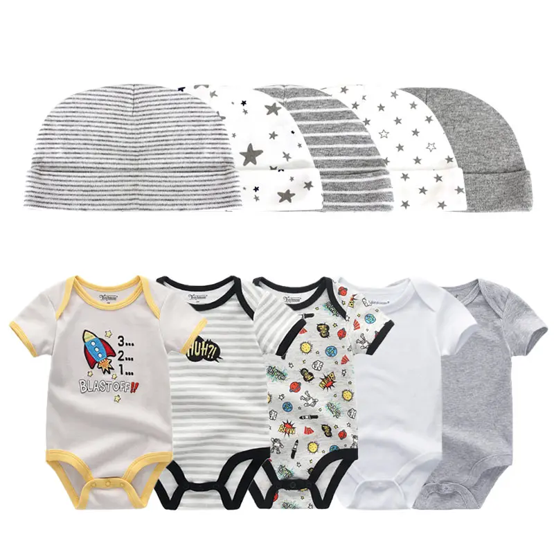 kiddiezoom 10Pcs Baby Clothes Set Soft Cotton Short Sleeve Bodysuits Beanies Cartoon Mixed Print Unisex Infant Casual Outfit
