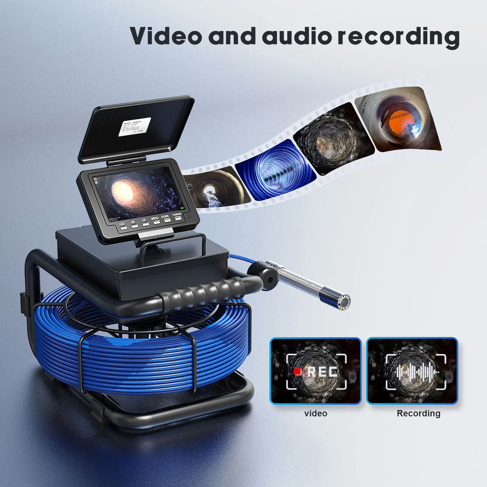 Pipe Inspection Camera 5in+ Self-Leveling 512HZ Transmitter+Audio Recording +DVR Drain Sewer Inspection Video Endoscope Camera
