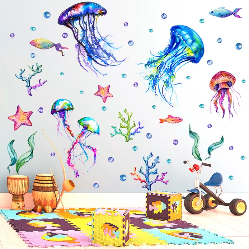 Underwater World Jellyfish Starfish Wall Stickers Children Room Kindergarten Room Living Room Decoration Sticker Self-adhesive