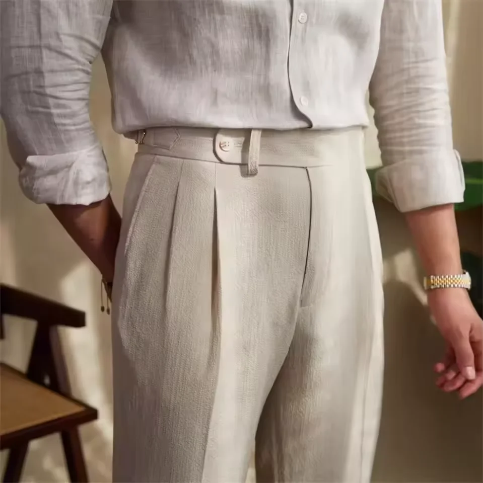 

Мужские прямые брюки для костюма, льняные формальные брюки высокого качества в стиле ретро, повседневные однотонные черные, темно-синие, бежевые брюки