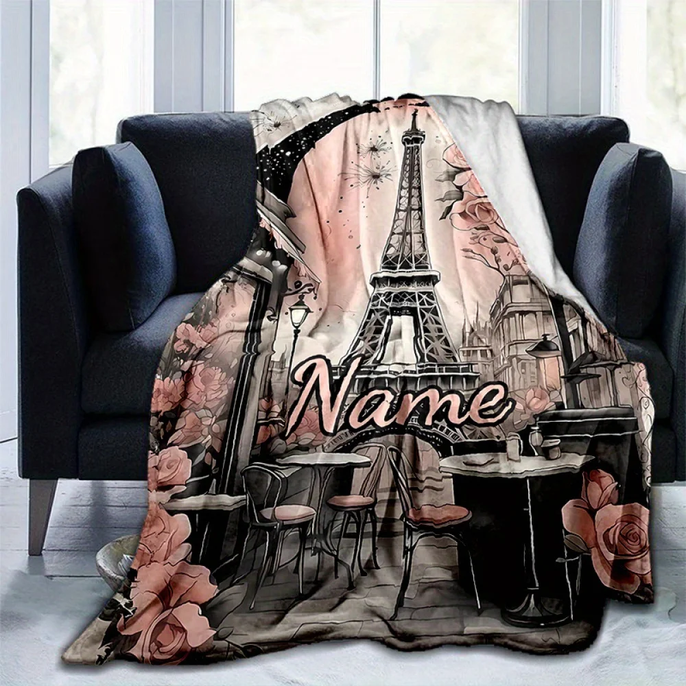 Personalized Eiffel Tower Theme Flannel Blanket - Soft, Warm Custom Name, Perfect for Napping, Camping, Travel, Christmas Gifts