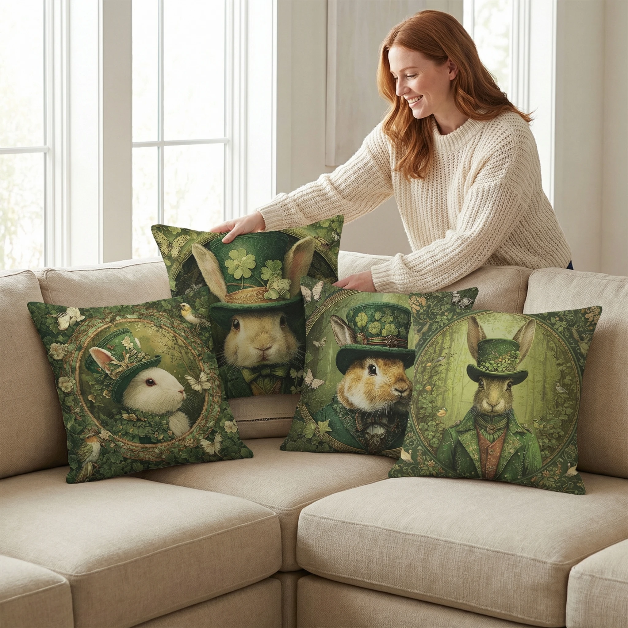2D Printed Pillow Case Cute Rabbit With Clover Hat Pattern Polyester cushion cover for Home Sofa & Room Decoration pillowcase