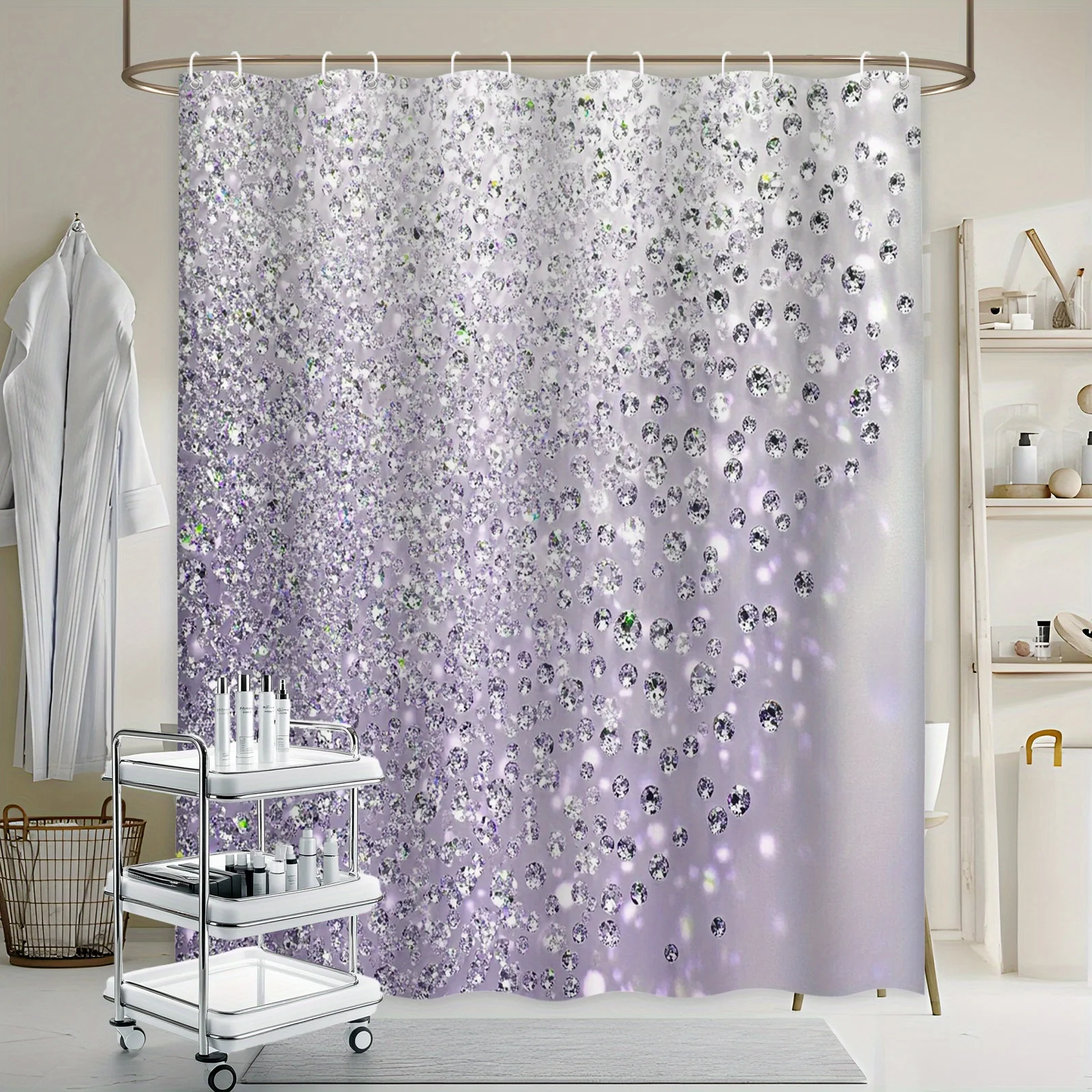 

Сверкающая ромбовидная занавеска для душа, фиолетовый блестящий узор, роскошный дизайн, водонепроницаемая ткань, элегантный декор для ванной комнаты
