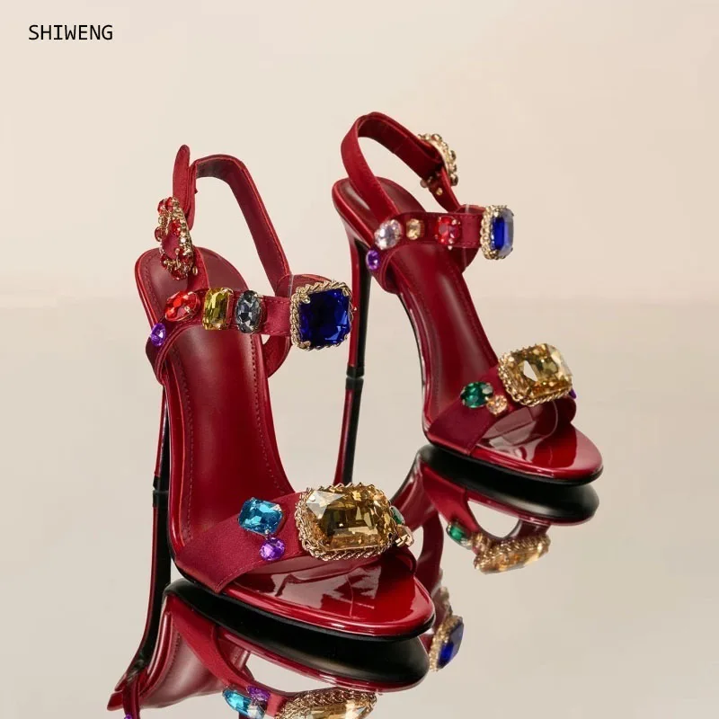 Women Red Satin Multi-Color Crystal Rhinestone Open Toe Stiletto Heel Slingback Sandals, Jewel Embellished High Heels  44