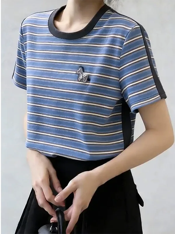 Slim Fit Stripe round Neck Short Sleeve T Shirt Women Summer Popular Korean Style Chic Atmosphere Personality Top Casual Cotton