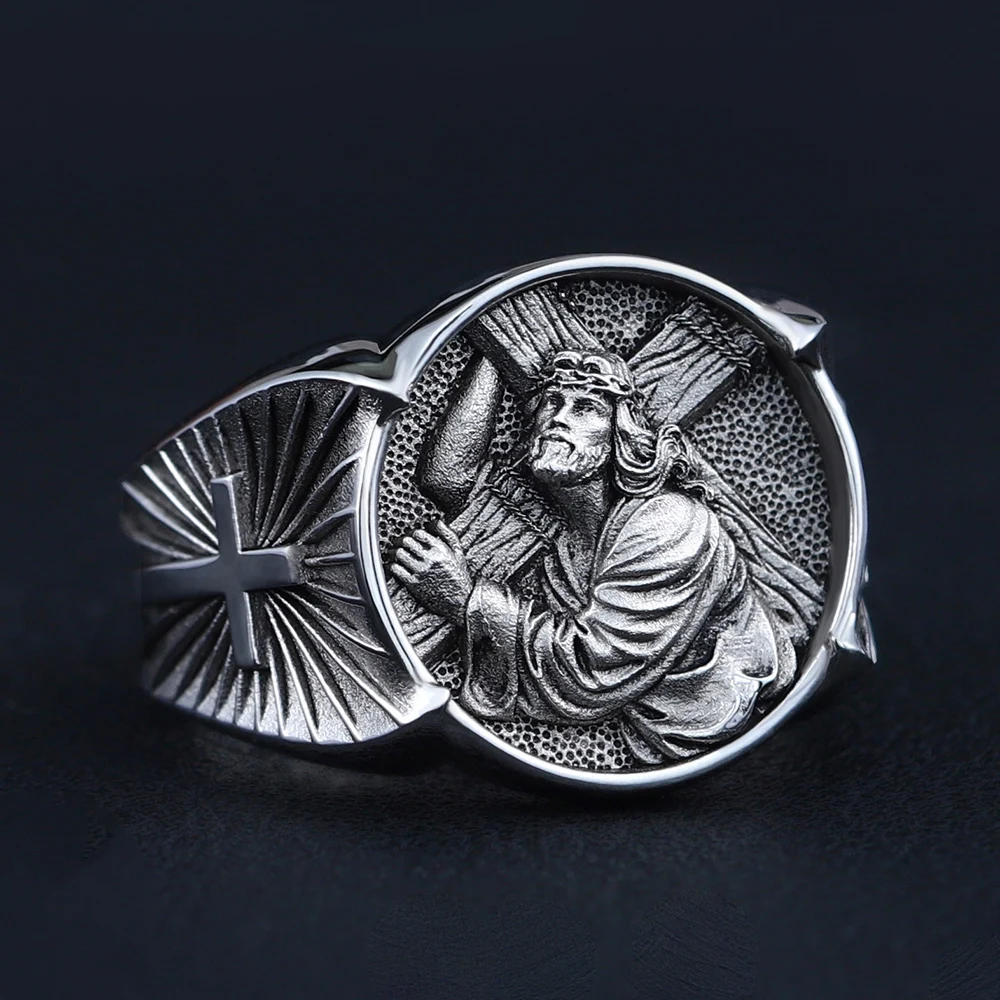 

Cross Jesus Catholic Religious Christian Amulet Memorial Silver Ring