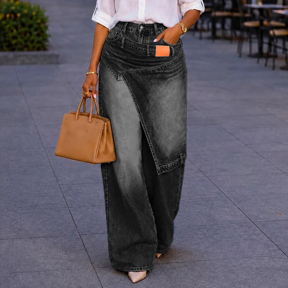 JENYAGE Damen Trendige Einzigartige Asymmetrische Wickel-Jeans mit Hoher Taille und Weitem Bein, Dekorative Riemen, Streetwear Baggy Hosen – Detail 6