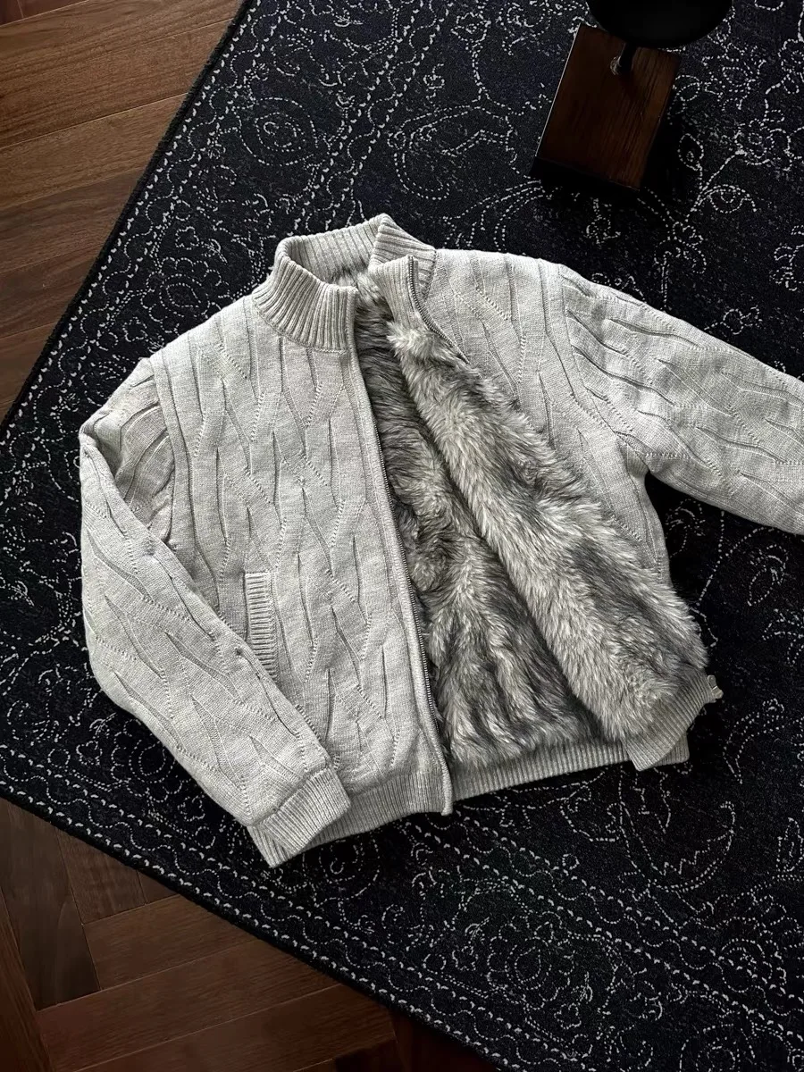 

Зимний вязаный свитер с американским восточком на молнии, двойной отверстий воротник-стойка, теплый повседневный длинный свитер из полиэфирного волокна