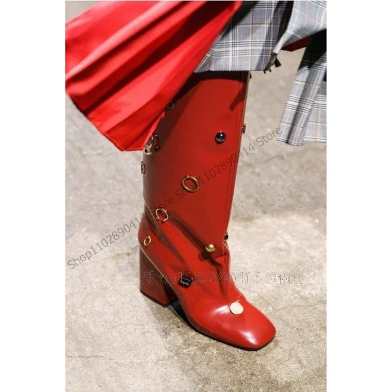 

Metal Circle Rivets Decor Red Black Square Toe Boots Slip On Women Shoes Chunky High Heels Novel Runway 2023 Zapatos Para Mujere