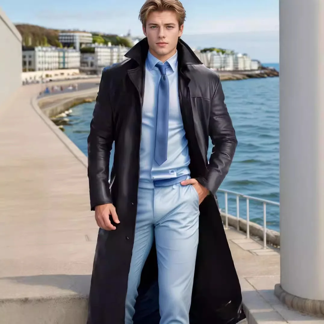 Men Faux Leather Trench Coat Slim Fit Long Jacket Windproof Outerwear