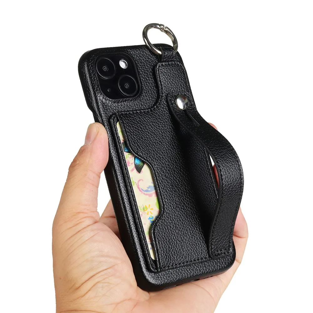 Card Slot Wrist Strap Leather Phone Case For iPhone 16 15 14 13 12 Pro Max Litchi Grain All-inclusive Cover