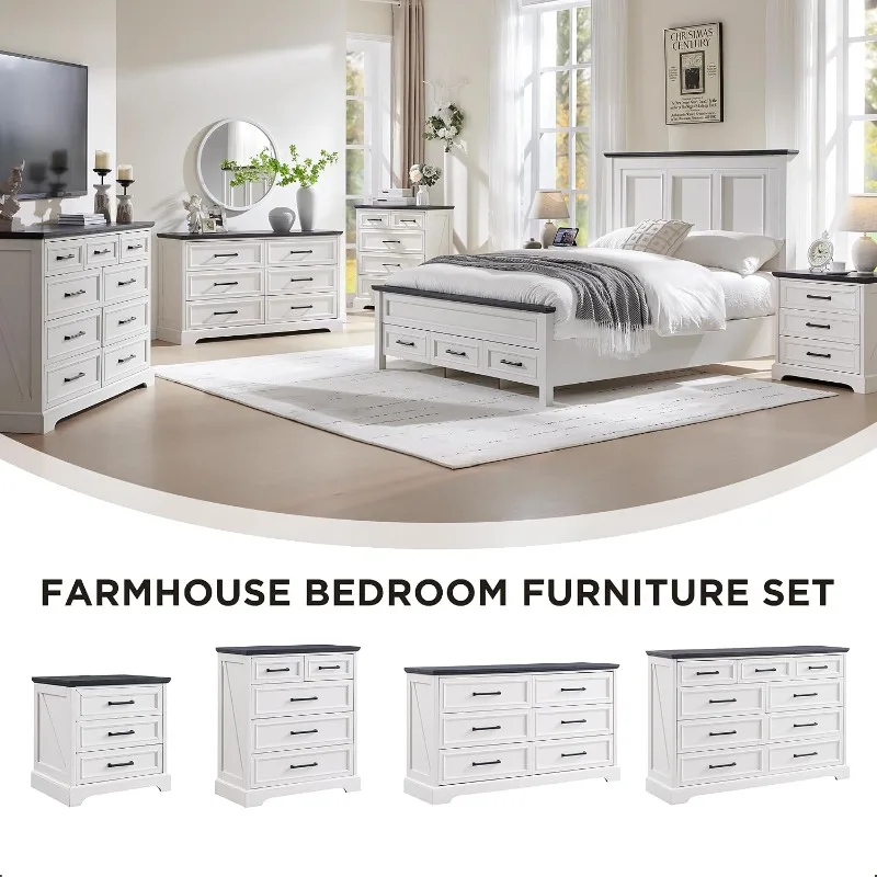 ACCOHOHO Farmhouse Nightstands Set of  22 Inch Wide End Table with Charging Station & 3 Large Drawers Rustic Wood Small Dresser view 4