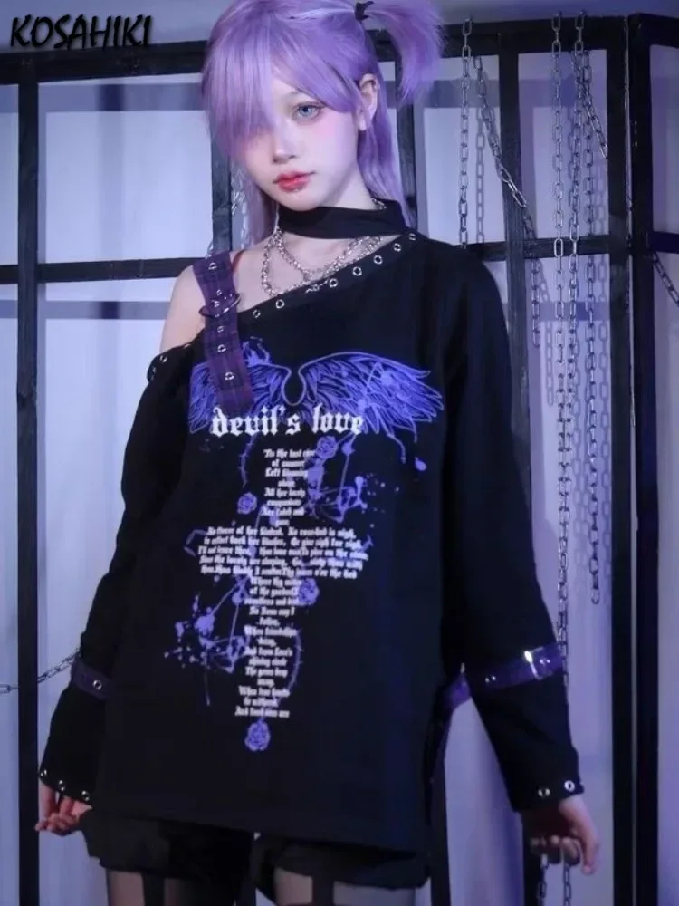 Y2k Aesthetic Punk Off Shoulder T-shirt Loose Gothic Printing Harajuku Tshirts Grunge Vintage Streetwear Patchwork Tee Shirts