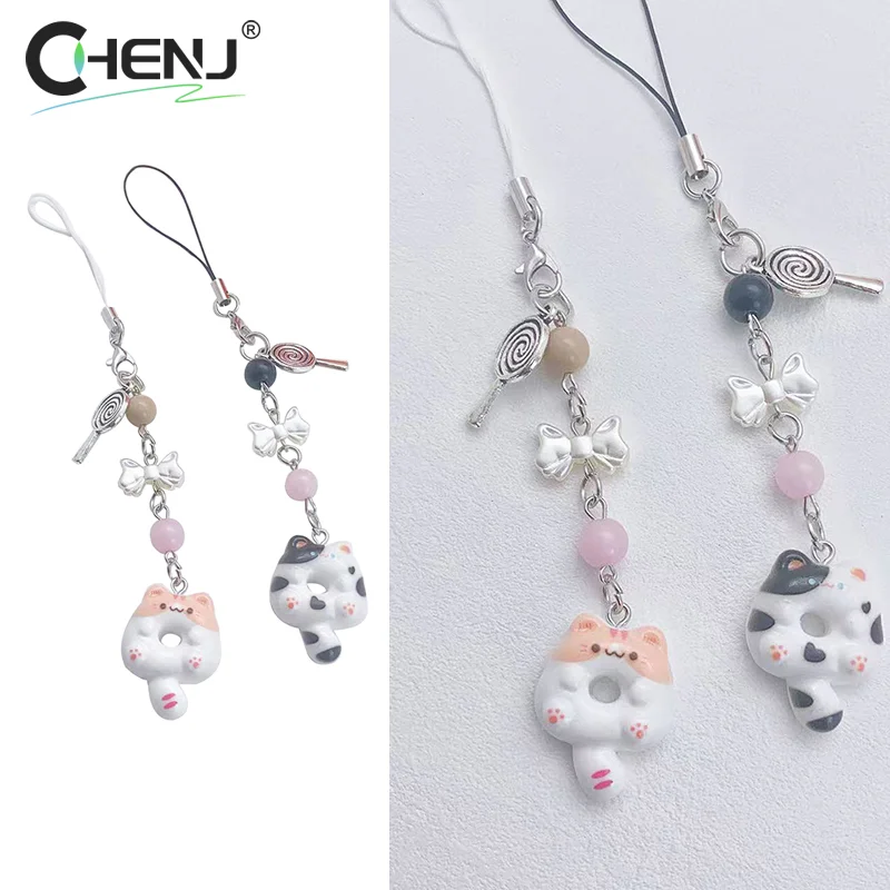 1pcs Cookie Kitten Phone Lanyard Cartoon Cat Beaded Mobile Phone Chain Couple Keychain Camera Earphone Case Pendant