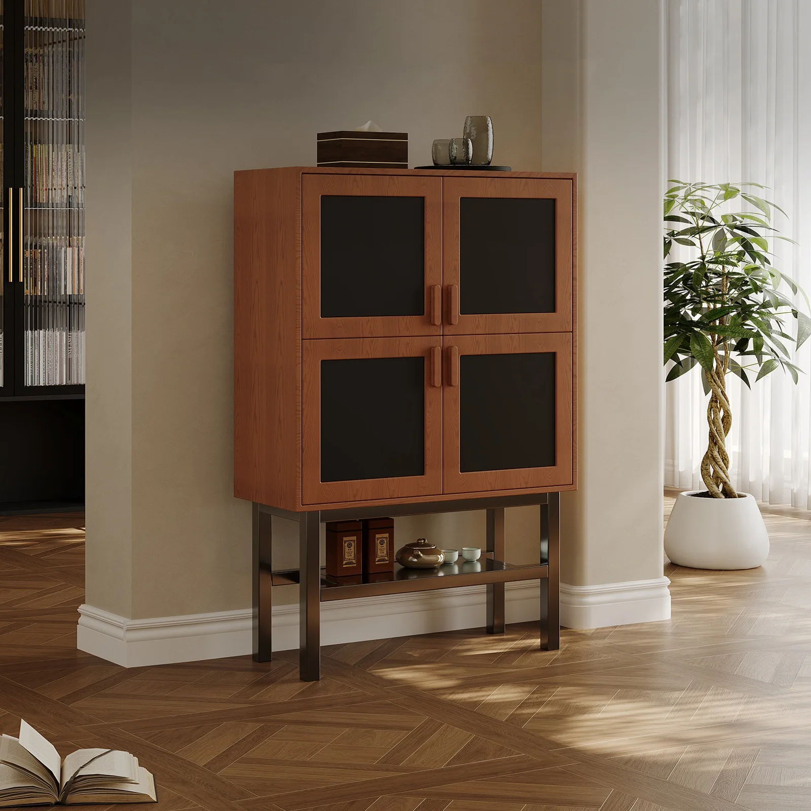 Medieval solid wood dining side cabinet, living room household new Chinese ash wood bucket cabinet storage locker, light luxury
