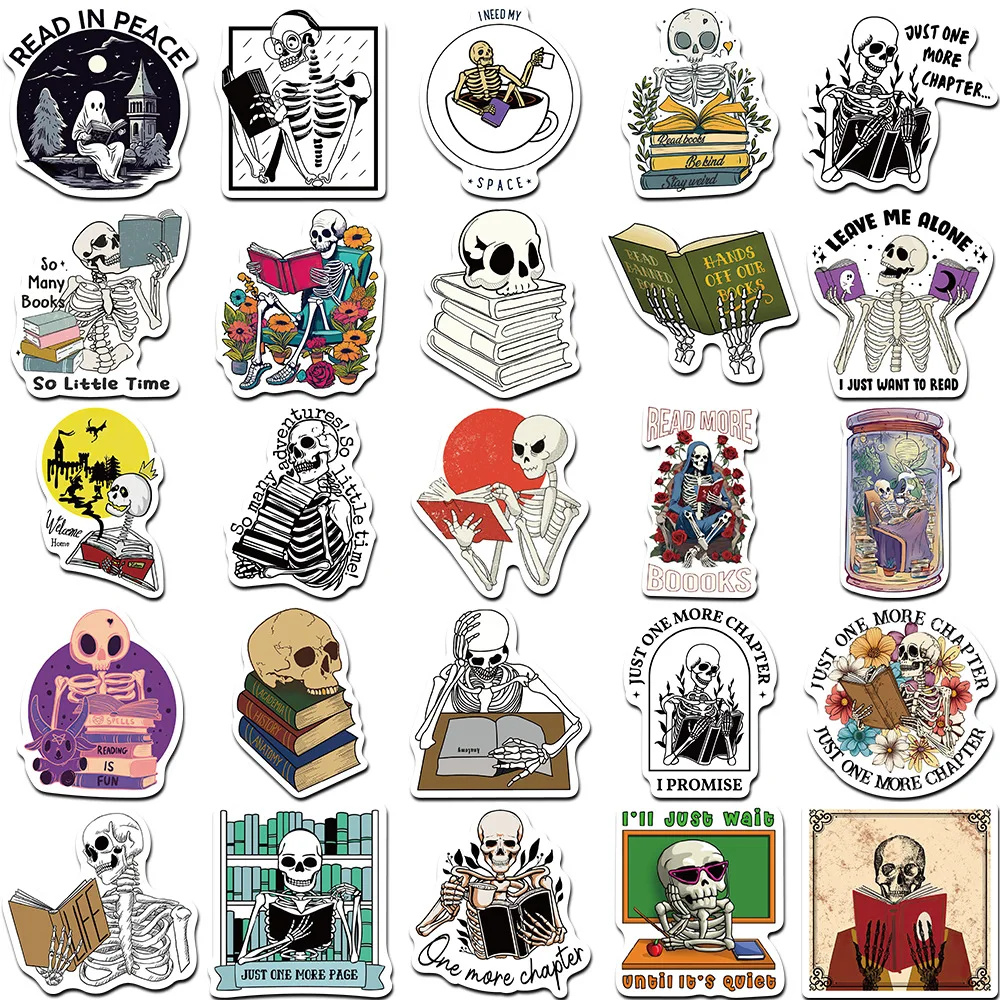 10/30/50Pcs cartoon Gothic Skeleton Reading Graffiti Sticker For Snowboard Laptop Luggage Car Fridge DIY Styling Vinyl Sticker