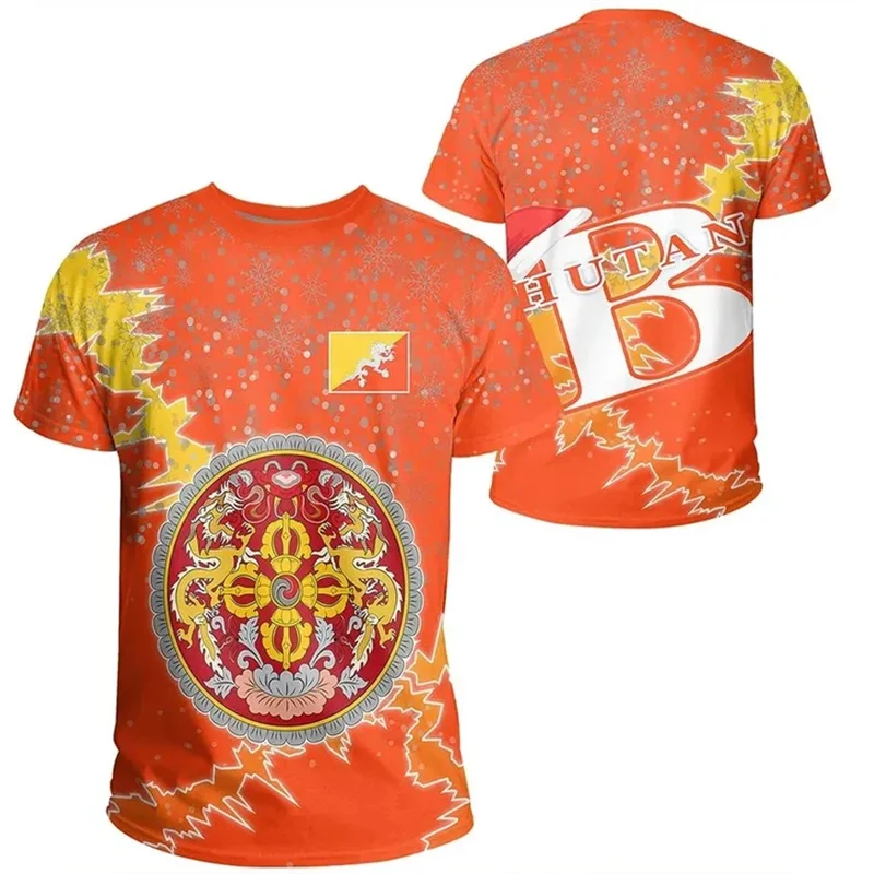 Kingdom Of Bhutan Map Flag 3D Print T Shirt Bhutan Coat Of Arms Graphic T-shirts Men Fashion Streetwear Short Sleeves Tee Shirts