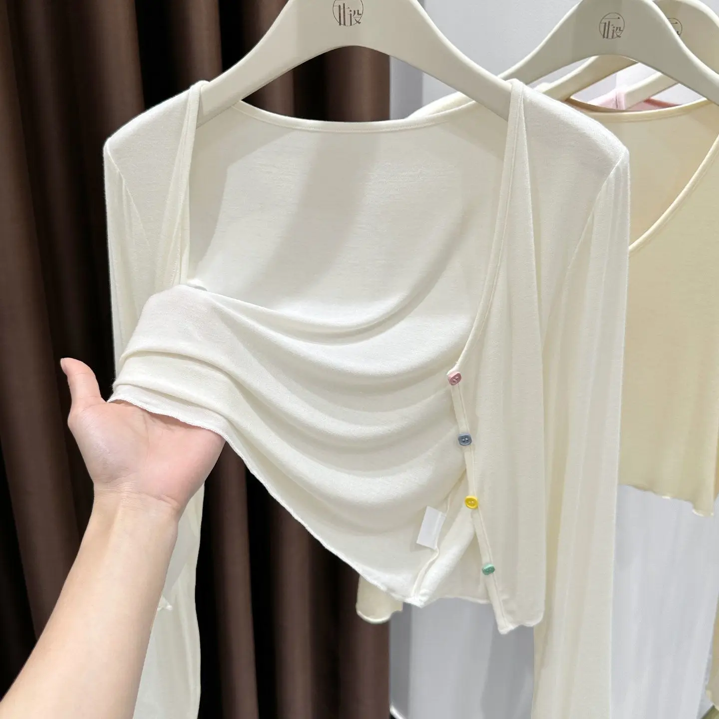 Women's Summer 2026 Soft Elastic Skin-Cooling Sunscreen Open Cardigan Beachwear with Strap Shawl Top Short Sleeve round Neck