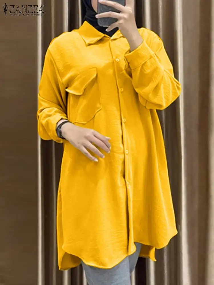 

ZANZEA Muslim Solid Blouse Dubai Turkey Tops Casual Solid Long Shirt Dubai Abaya Lapel Kaftan IsIamic Autumn Long Sleeve Blusas