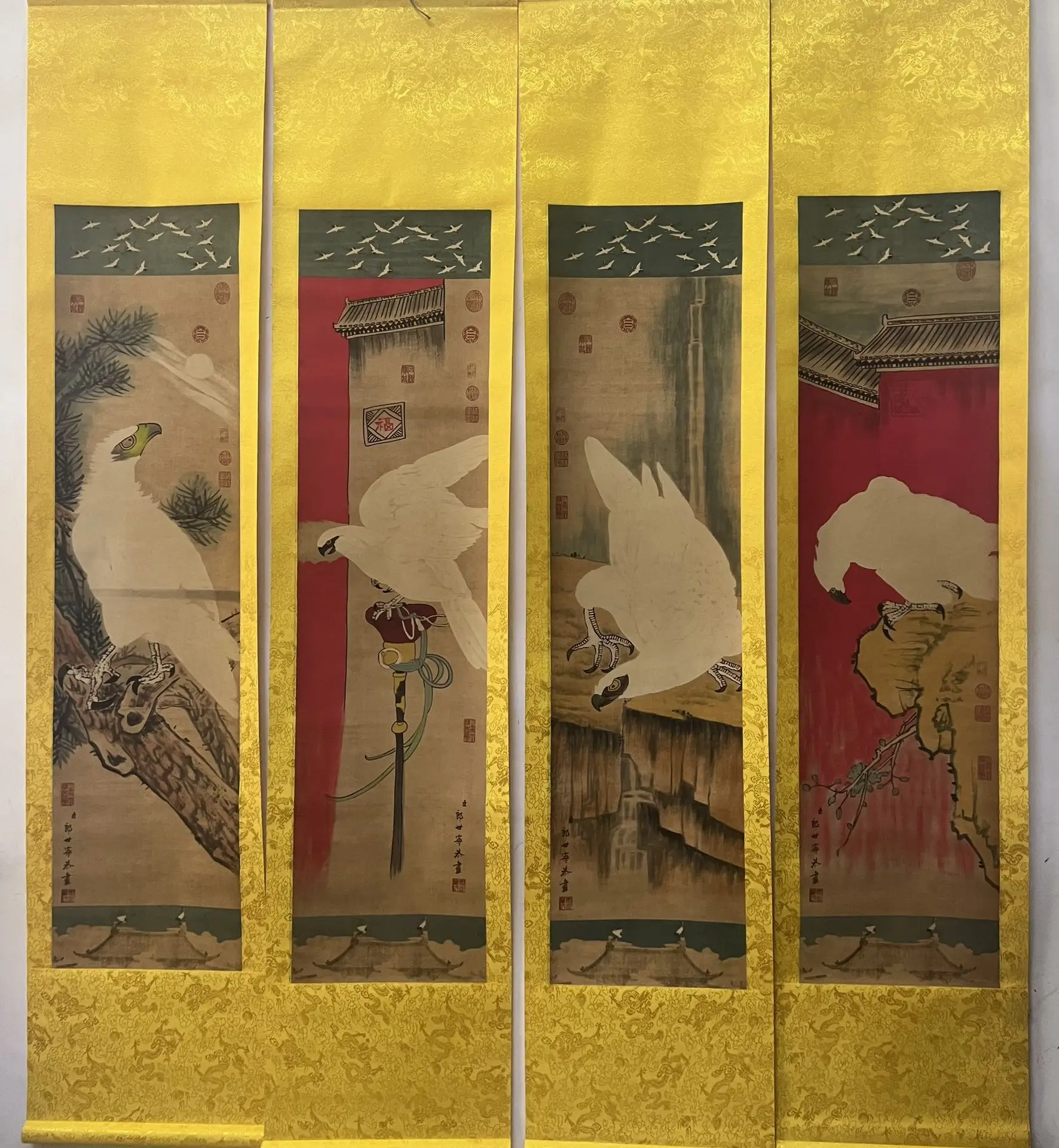Flower and bird painting, four-panel central hanging painting—Imperial Falcon Picture, actual item photography, on,free shippin