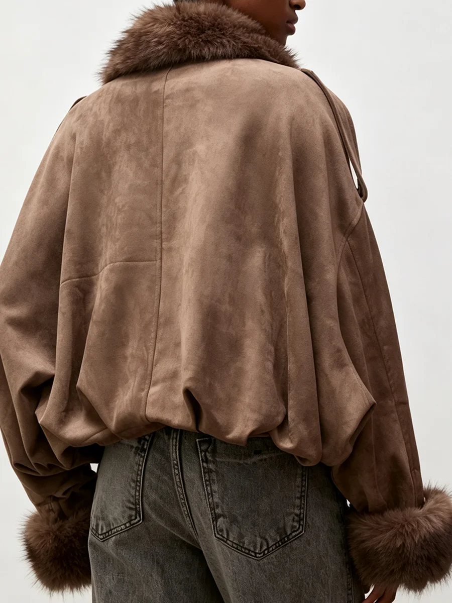 Women Suede Short Jacket With Furry Collar Cuffs Zip‑Up Loose Long Sleeve Winter Outerwear