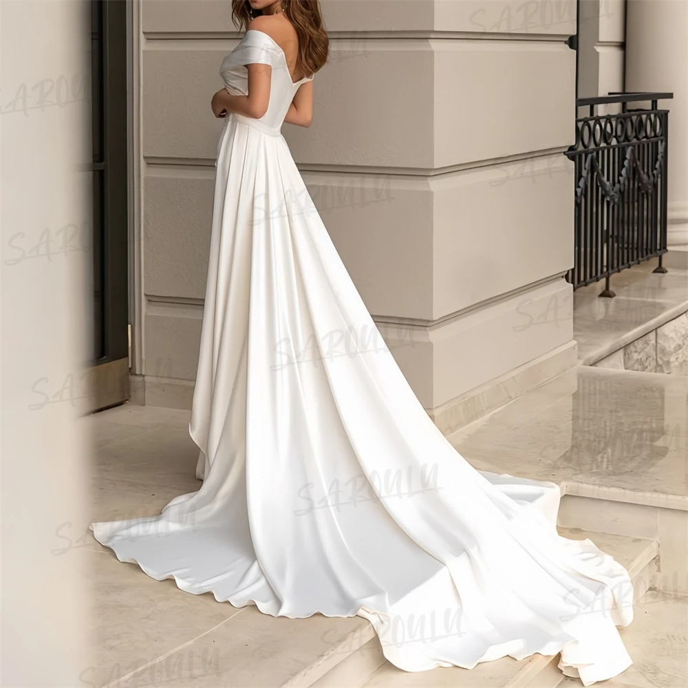 Simple Satin Bride Dress, Reception Wedding Dresses for Women, Long Sheath Customized Bridal Gown, Off=the-Shoulder, Destination