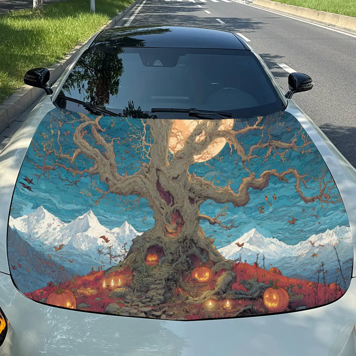 

Gothic Halloween Tree with Pumpkins Car Engine Hood Vinyl Wraps Sticker, Trendy Auto Cover Decal, Waterproof Self-adhesive Vehic