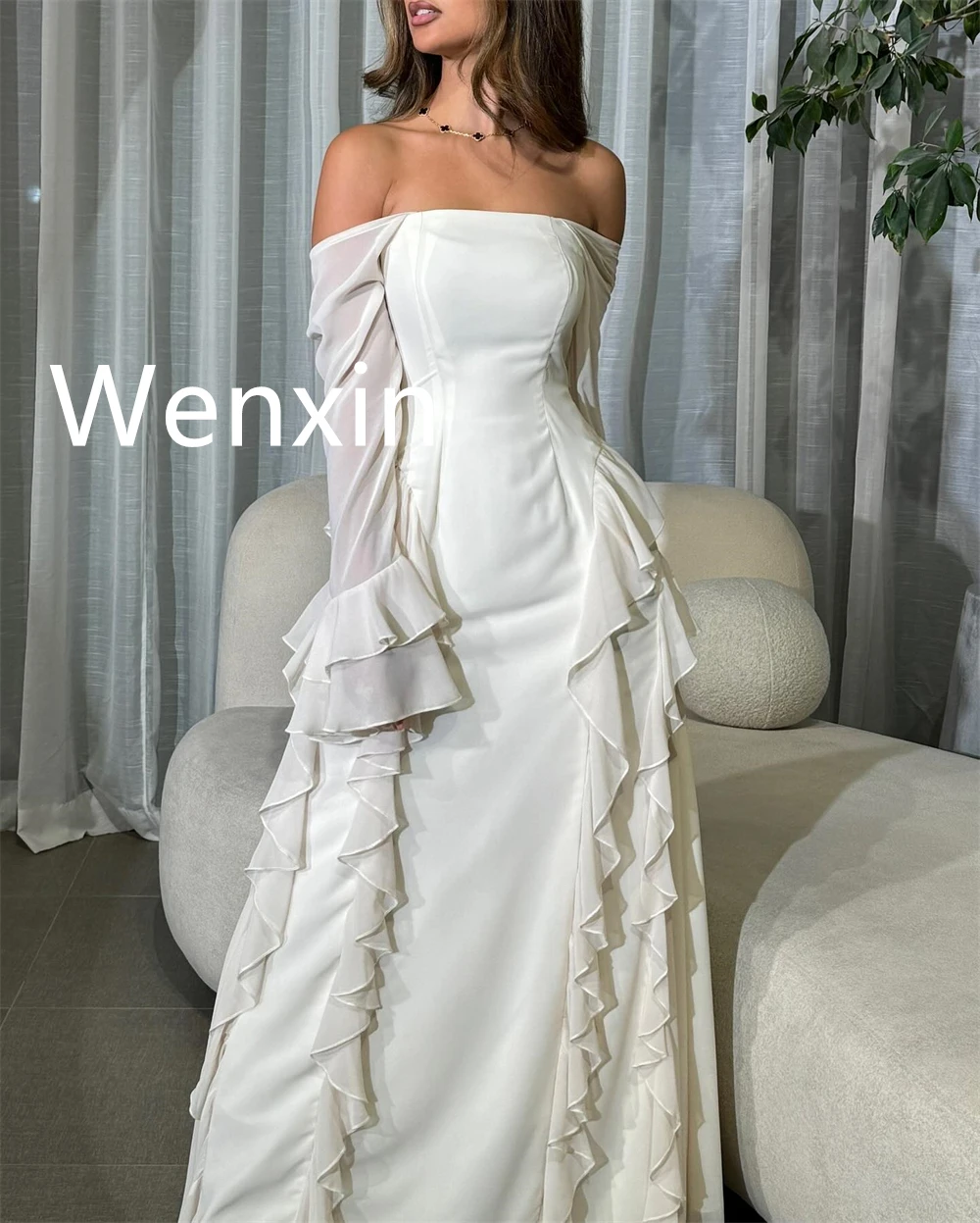 فستان سهرة شيفون رائع مخصص ناعم قبالة الكتف فساتين العودة للوطن الحديثة سويب تراين فساتين المناسبات الخاصة #4