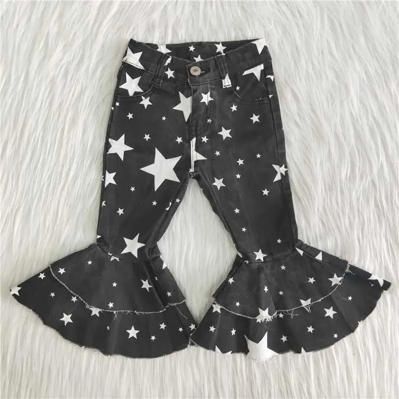 New summer fashion White Pentagram Black Double Lace Jeans baby girls boutique denim long pants