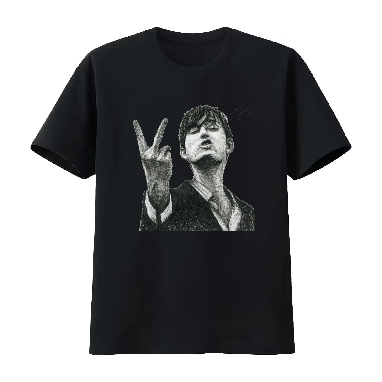 Jarvis Cocker Outline V Sign Sketch with Autograph and Background -Iconic Jarvis Moment T-Shirt Summer Casual Cotton Tee