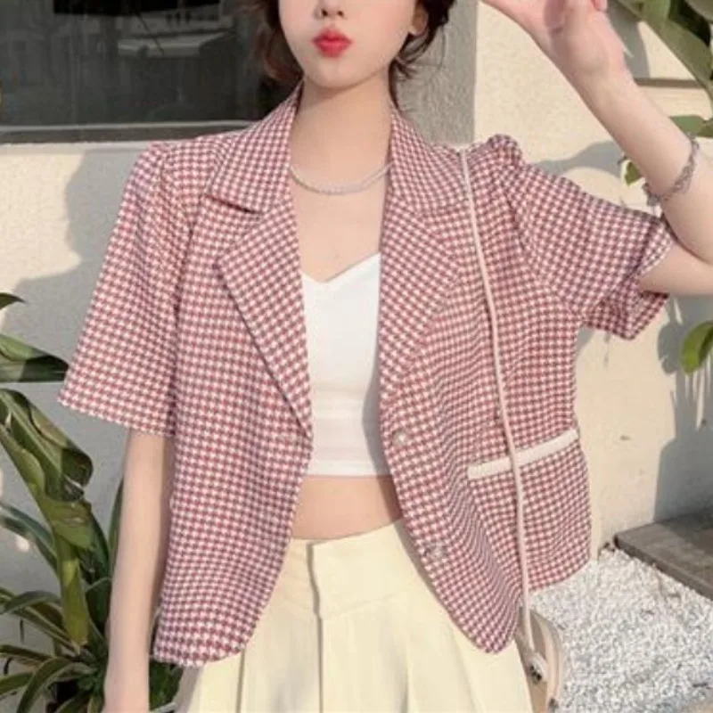 Fashion Houndstooth Short Sleeve Women\'s Summer New Thin Jackets Korean Sweet Patchwork Pockets Lapel Button Casual Suit Coats