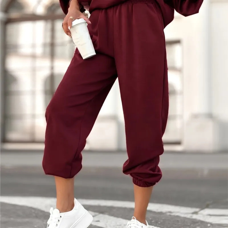 جديد الخريف الشتاء تنوعا الرياضة نمط بلون دعوى المرأة جولة الرقبة طويلة الأكمام فضفاضة البلوز بنطال ذو قصة أرجل واسعة 2 قطعة مجموعة #5