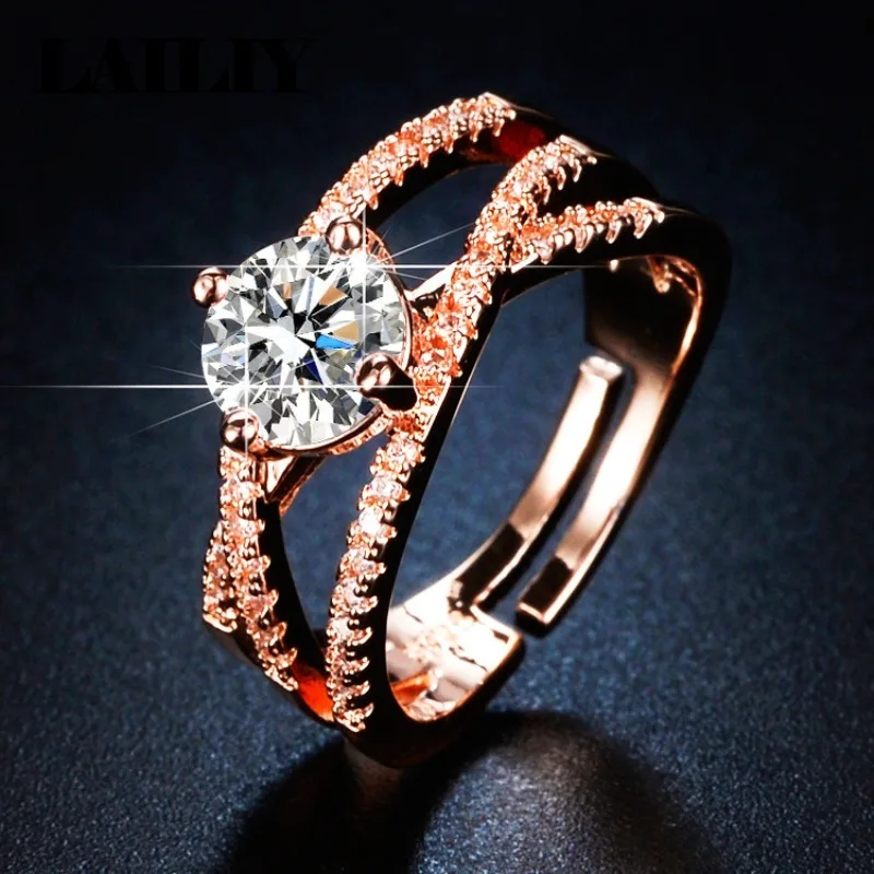 LAILIY 925 Sterling Silver Rose Gold Birthday Gift Wedding Party Diamond Studded 1Ct Adjustable Ring for Women Fashion Jewelry - view 2