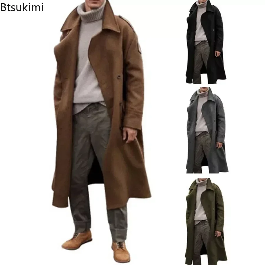 2024 Men's Winter Jacket Coats Turn-down Collar Washable Simple Vintage Men Long Trench Coats Casual Blends Men's Warm Clothing