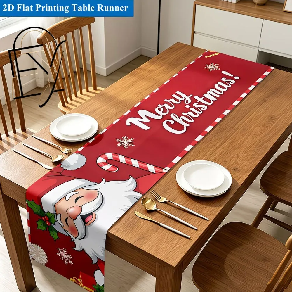 Linen Table Runner Merry Christmas Santa with Gift Pile on Red Snowflake  Family Holiday
