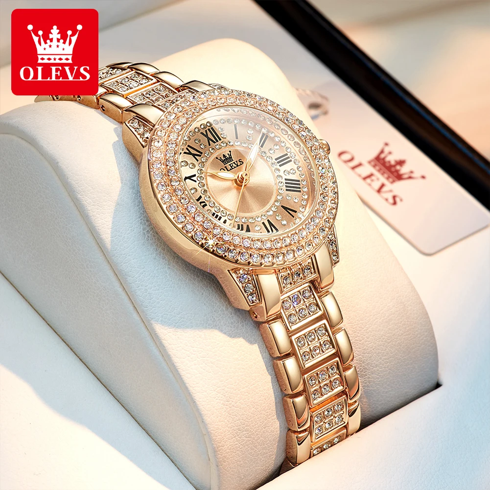 OLEVS 9943 Diamond Quartz Watch For Women Roman Scale Top Brand Luxury Wristwatch Waterproof Luminous Original Woman Watches