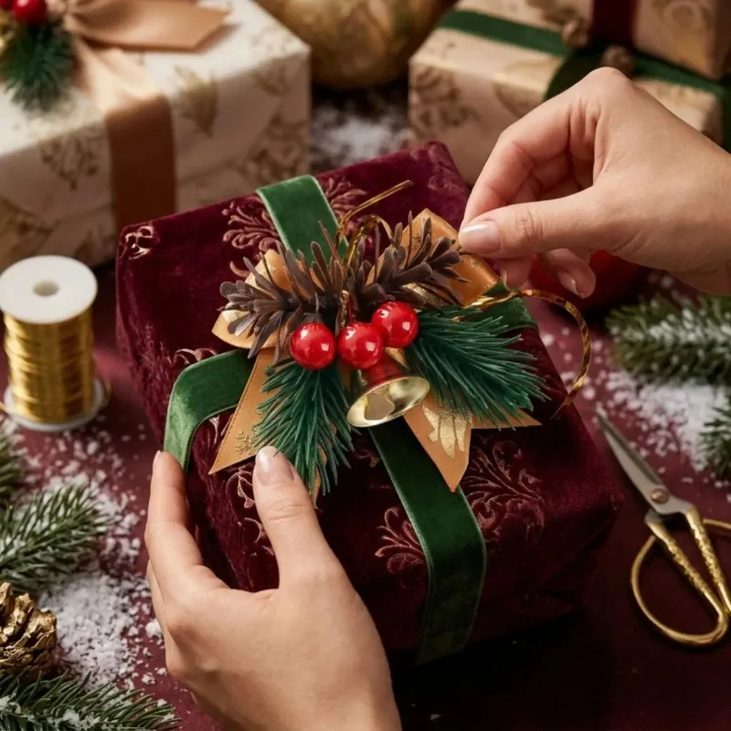 Mini Christmas Bowknot Bells Pinecone Red Berries Hanging Ornament Xmas Tree Gift Box Bells Home Holiday Party DIY Decor Pendent view 3