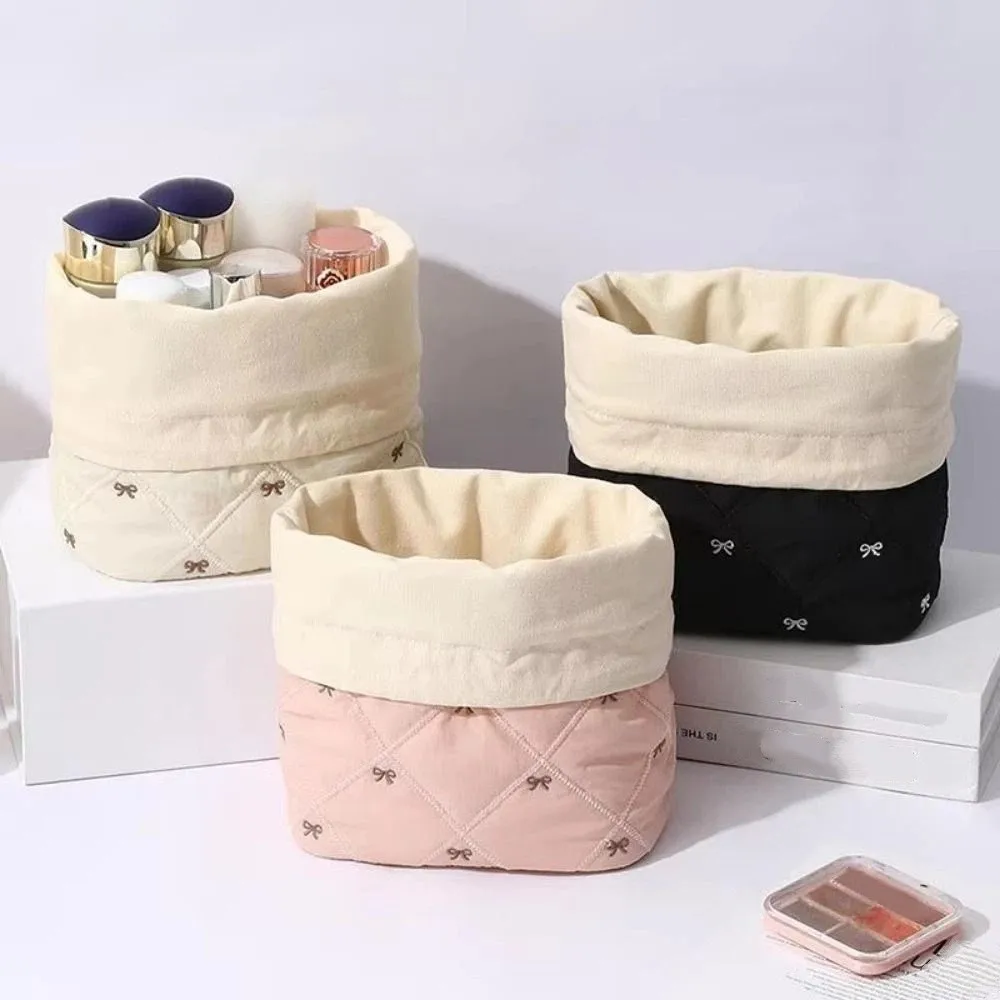 Bowknot Printed Drawstring Makeup Bag Quilting Cotton Large Capacity Travel Toiletry Pouch Lightweight Soft Fabric