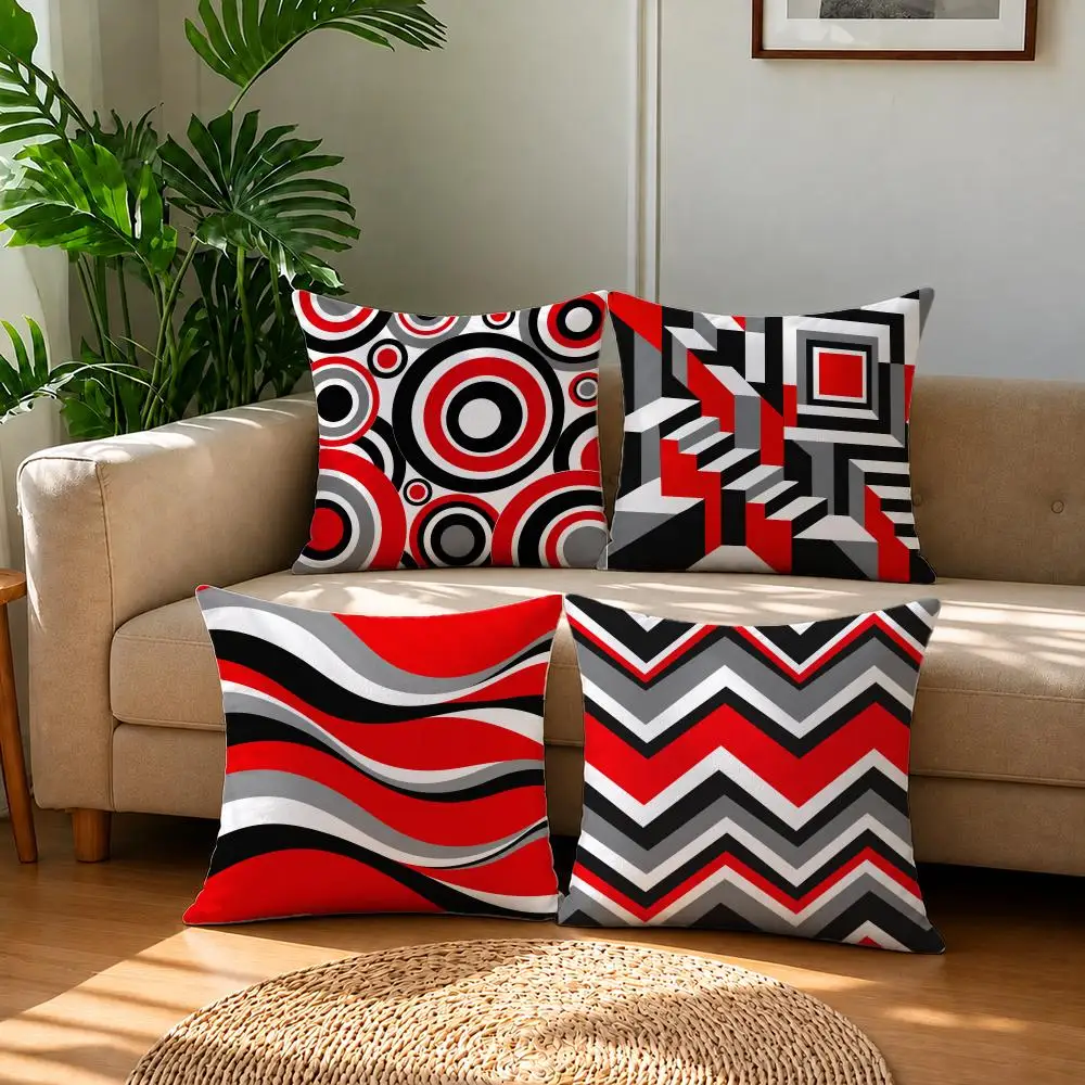 vibrant Red Black White Chevron Geometric Pattern Cushion Cover Short Plush Pillowcase, Sofa Bedroom Home Decor & Holiday Gift