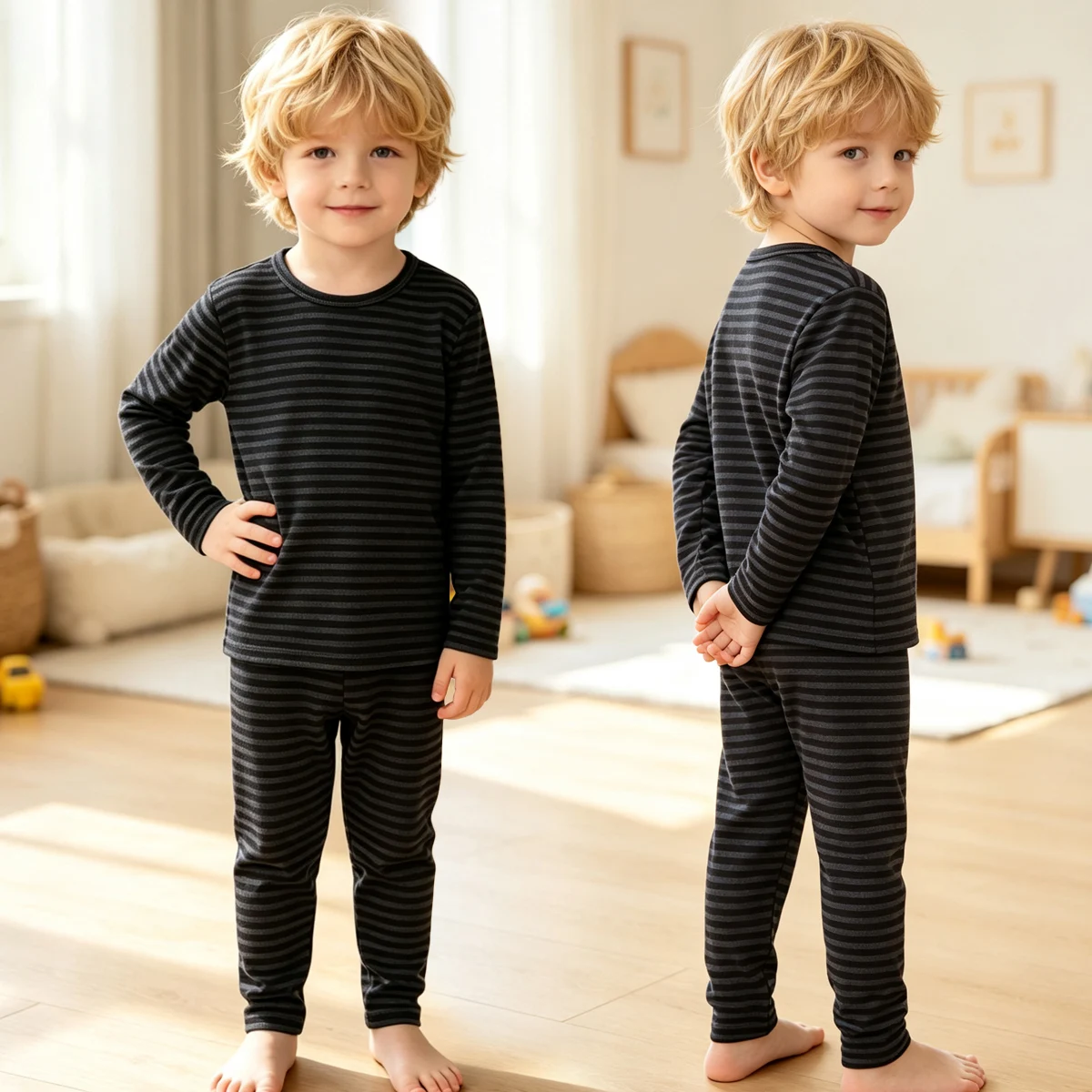 2-piece Autumn/Winter Boys' Multi-color Thermal Underwear Set Children's Long Sleeved Round Neck Top Elastic Waisted Home Pants