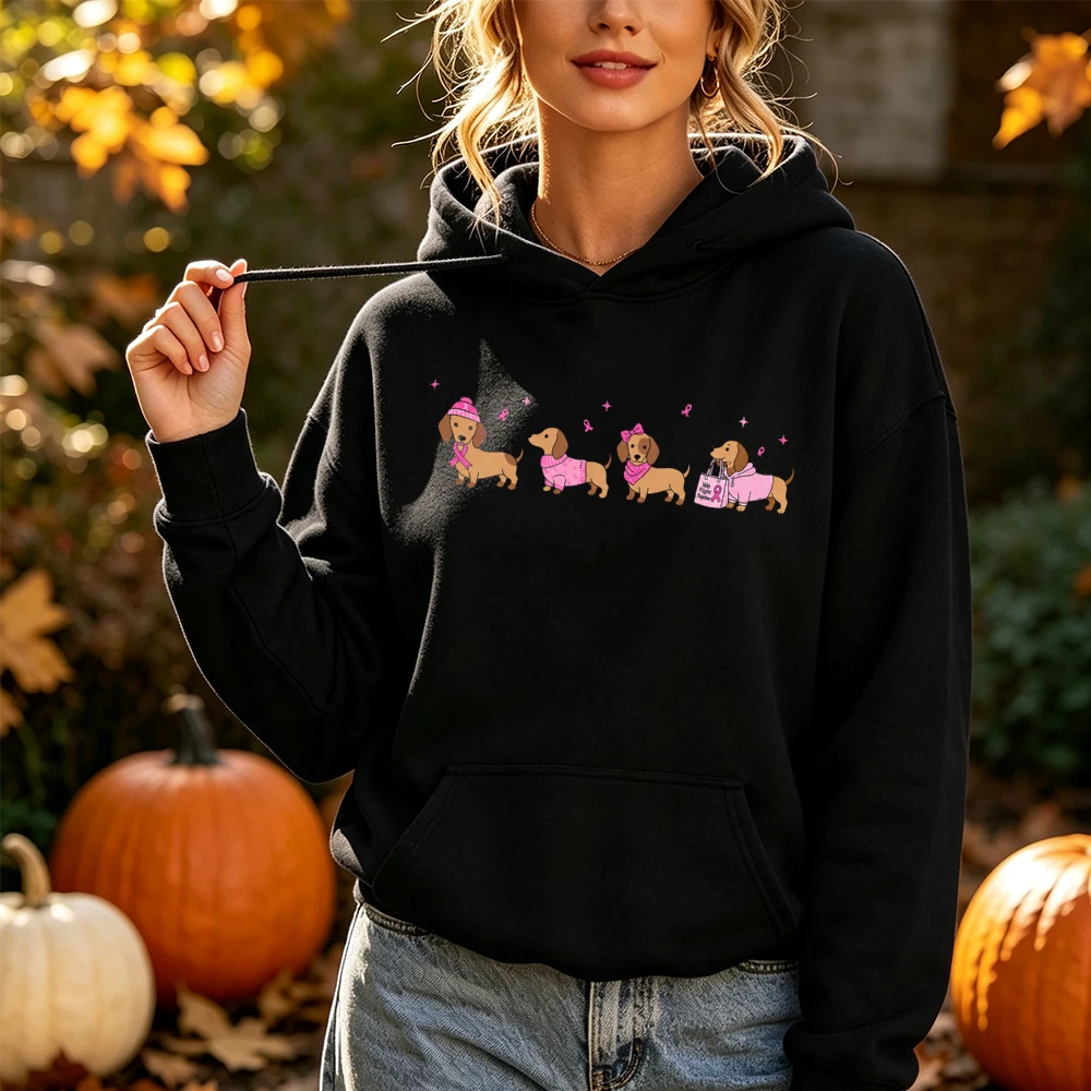 Pink Dachshund Dog Print Breast Cancer Awareness Hoodie Pink Rib Graphic Pullover Unisex October Support Casual Jumper Hoodie