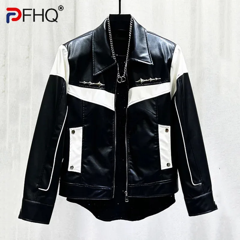 

PFHQ Autumn Winter Niche Design Spliced Color PU Leather Jacket Men's Loose American Trendy Motorcycle Male Tops 21Z6538