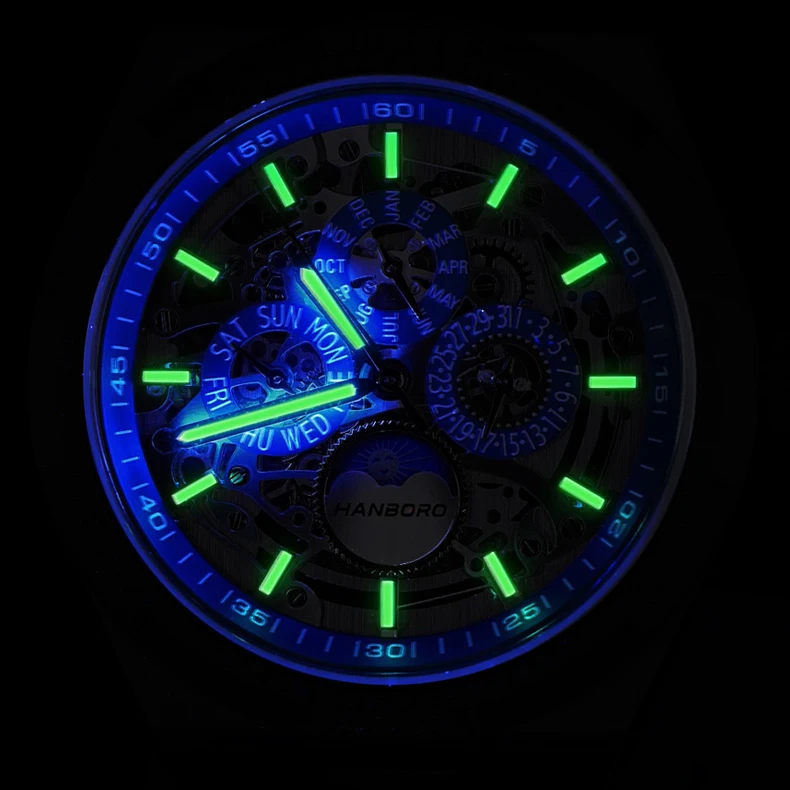 HANBORO Men Automatic Watch 42mm Mechanical Wristwatch Muliti Skeleton Dial 50M Waterproof Luminous Month Week Date Night-Day