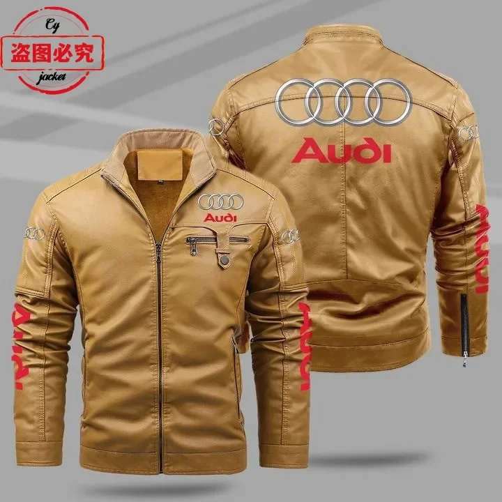 Car LOGO jacket racing suit windproof winter velvet warm men's pu leather Audi men's solid color jacket